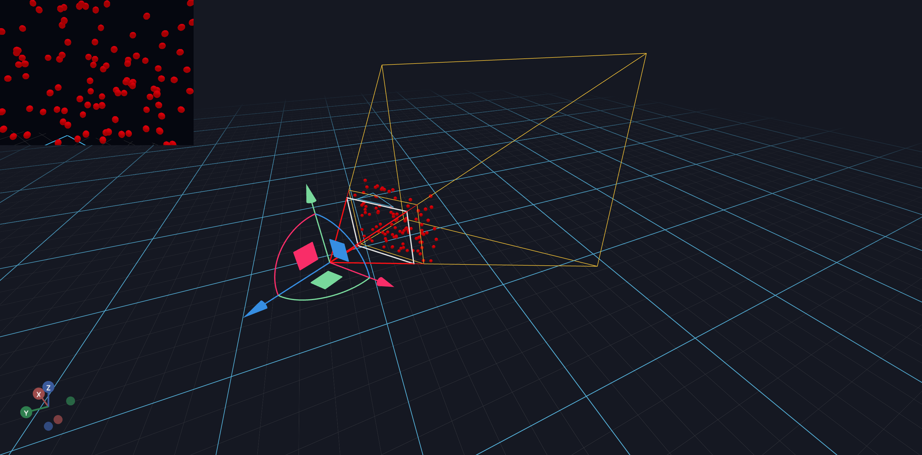 red spheres in the frustum of a camera, close to the image plane